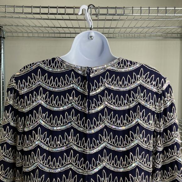 Vintage Frank Usher Women's‎ Navy Silver Details Silk Beaded Top Size S Dressy - Picture 10 of 12
